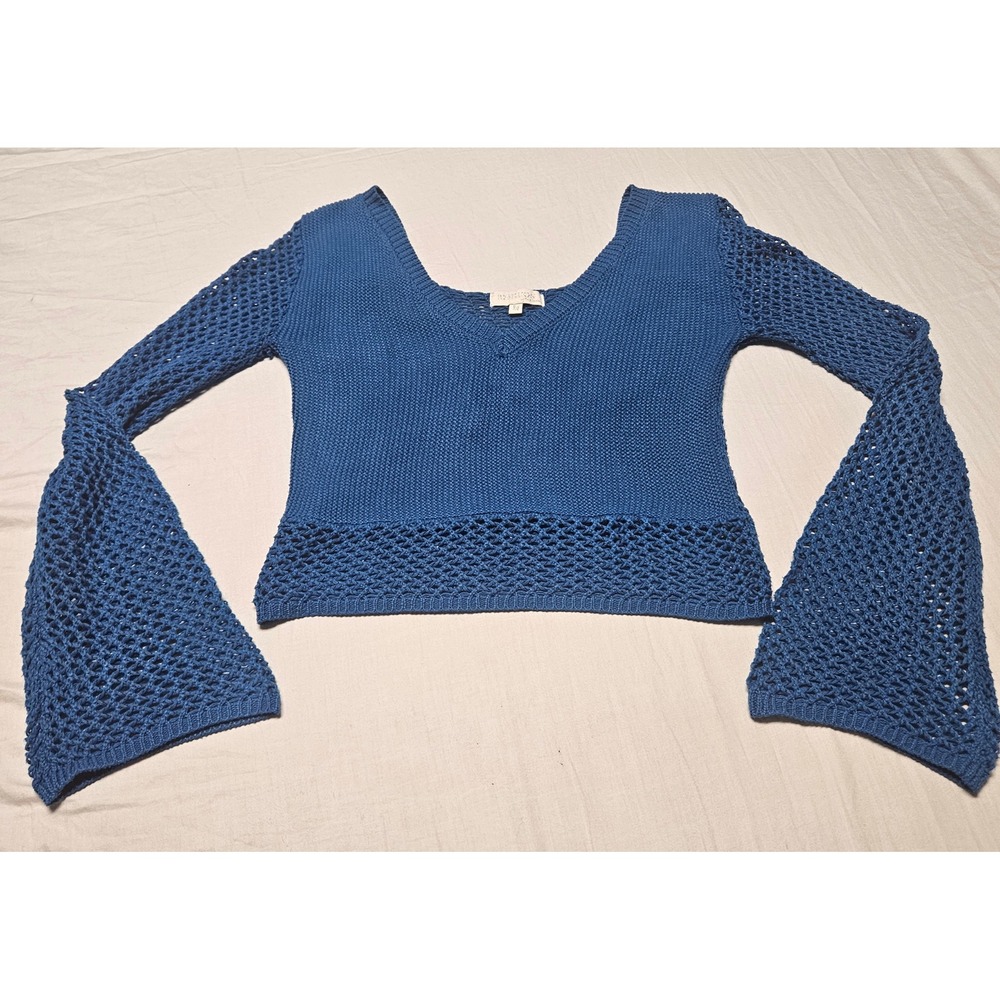 Rebellion Again Sweater Womens Medium Blue Crochet Knit Bell Sleeve V-Neck Boho